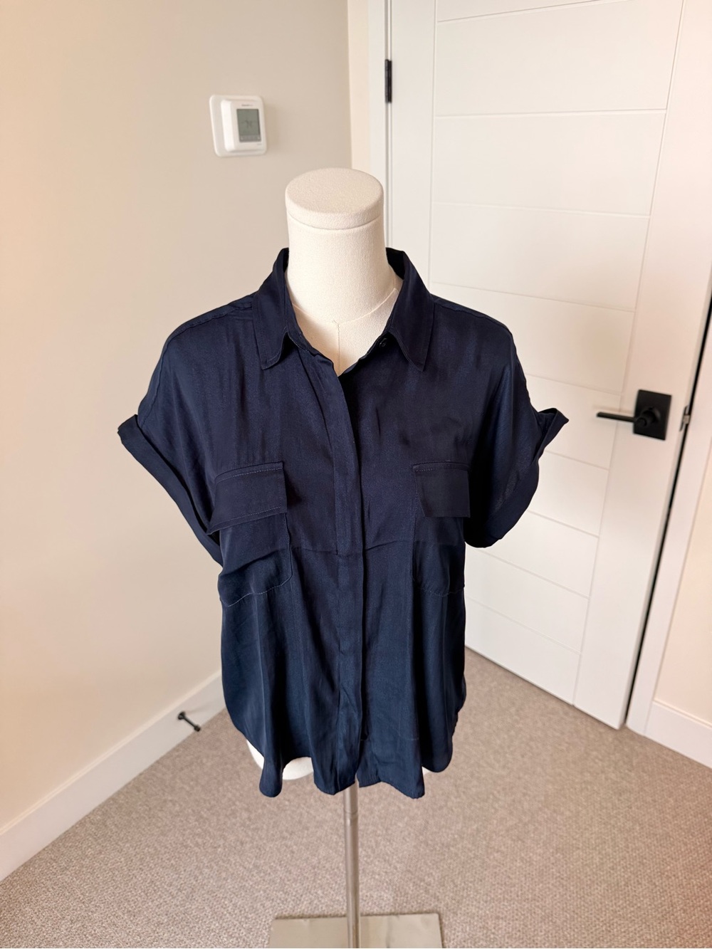Evereve Navy Silky Button-Front Collared Blouse